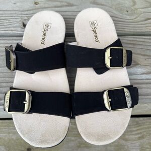 Spenco Black Suede Sandals Vista Slide Double Strap Buckle Adjustable Size 8